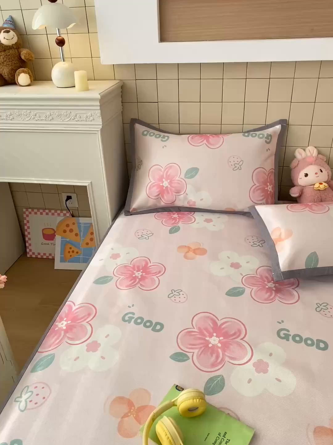 91家纺网 家纺一手货源 找家纺 金盛纺 2026新款A类数码印花冰丝席(可定制)-床笠款 花间甜语