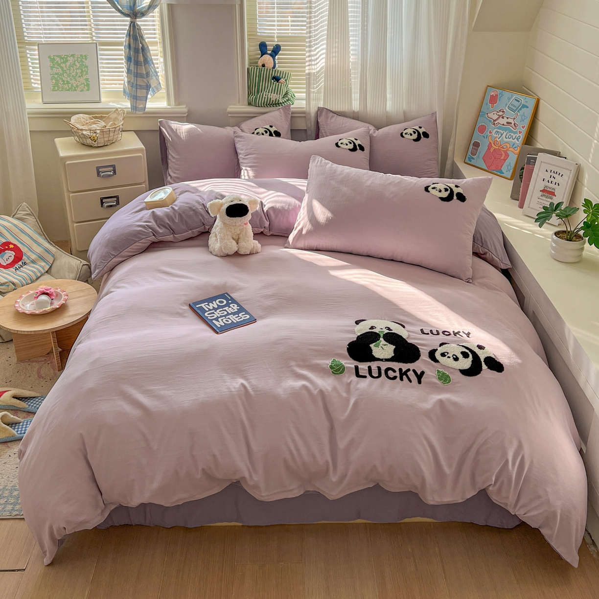 91家纺网 家纺一手货源 找家纺 一比一家纺 2026新款仿棉毛巾绣四件套 粉紫熊猫