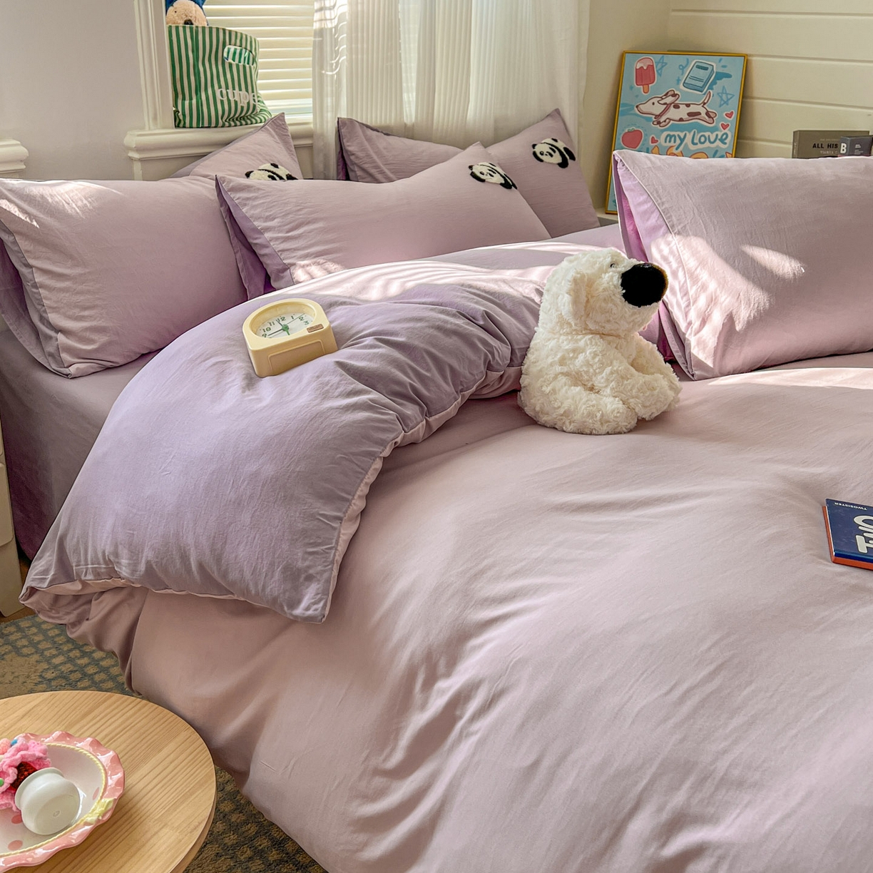 91家纺网 家纺一手货源 找家纺 一比一家纺 2026新款仿棉毛巾绣四件套 粉紫熊猫