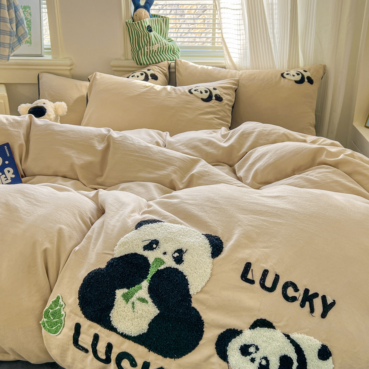 一比一家纺 2026新款仿棉毛巾绣四件套 米色熊猫
