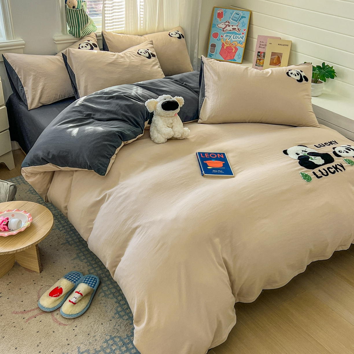 91家纺网 家纺一手货源 找家纺 一比一家纺 2026新款仿棉毛巾绣四件套 米色熊猫