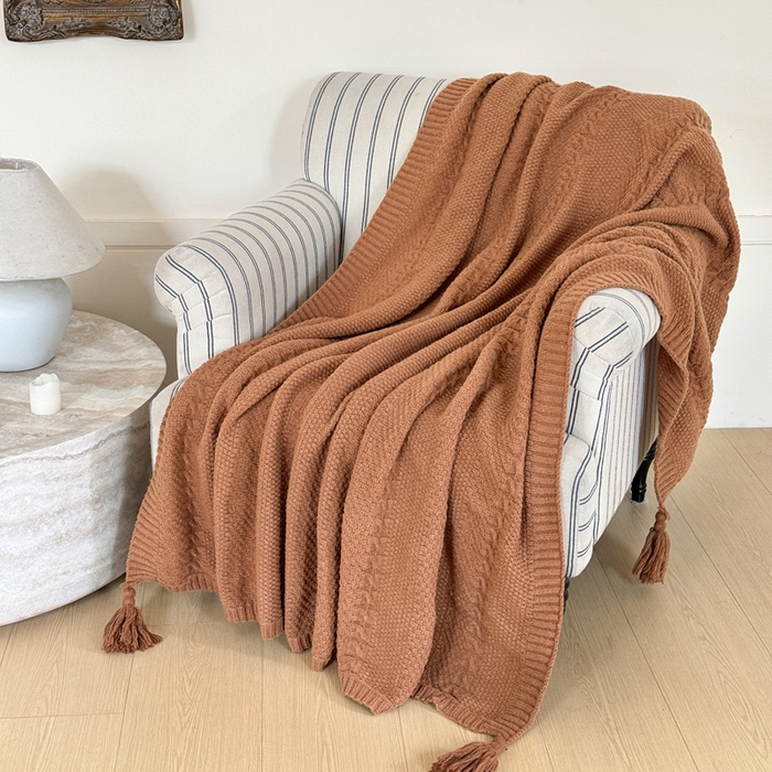 91家纺网 家纺一手货源 找家纺 丹本家纺 2026新款针织毛毯鹿毛绒纯色流苏航空休闲毯办公午睡盖毯多功能装饰毯 驼棕