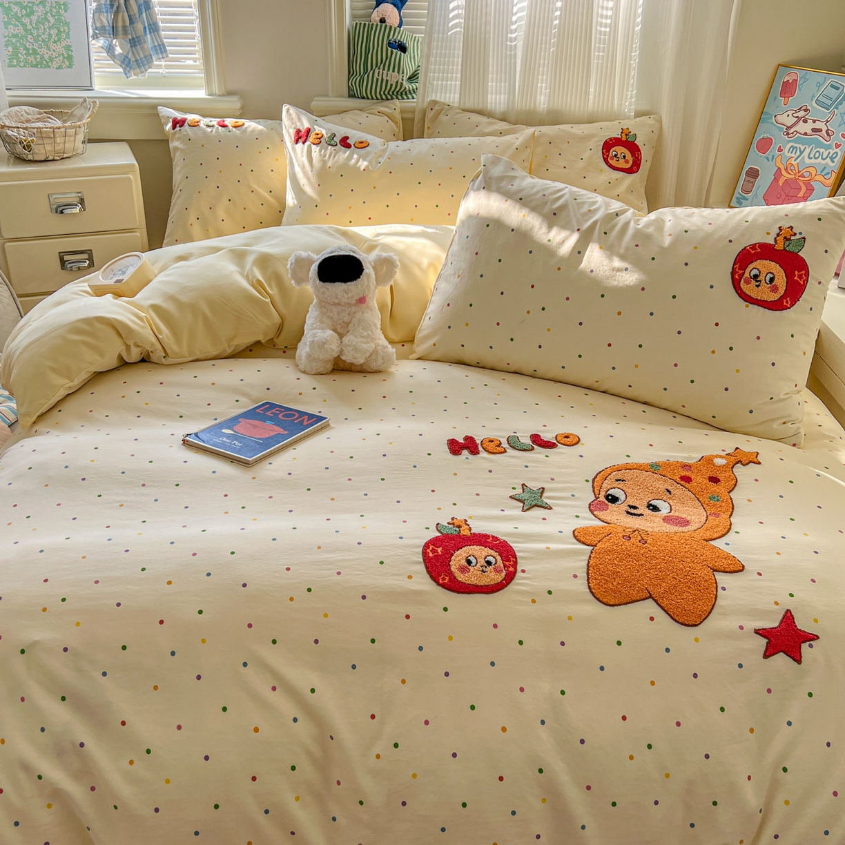 91家纺网 家纺一手货源 找家纺 一比一家纺 2026新款仿棉毛巾绣四件套 星星苹果