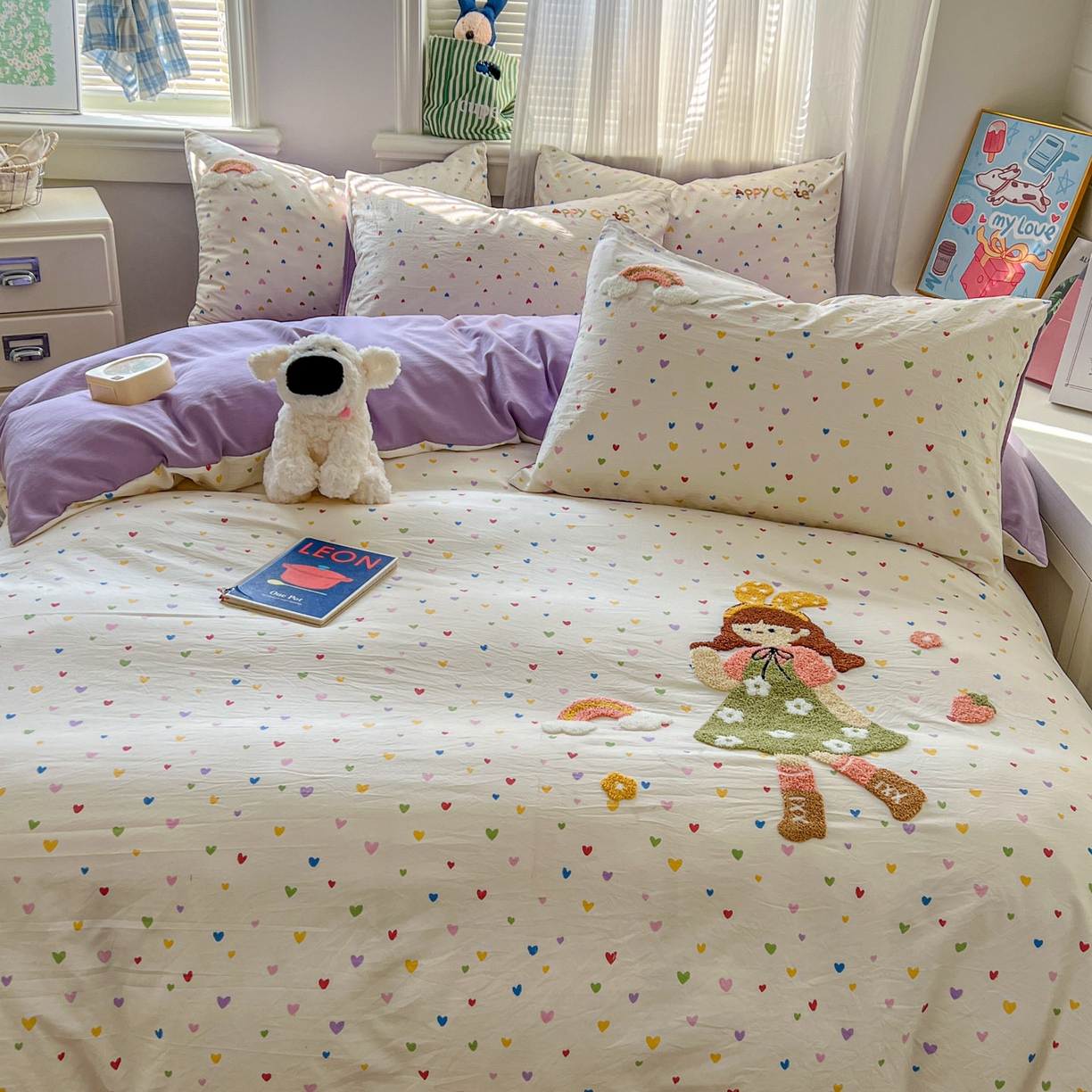 91家纺网 家纺一手货源 找家纺 一比一家纺 2026新款仿棉毛巾绣四件套 紫心少女