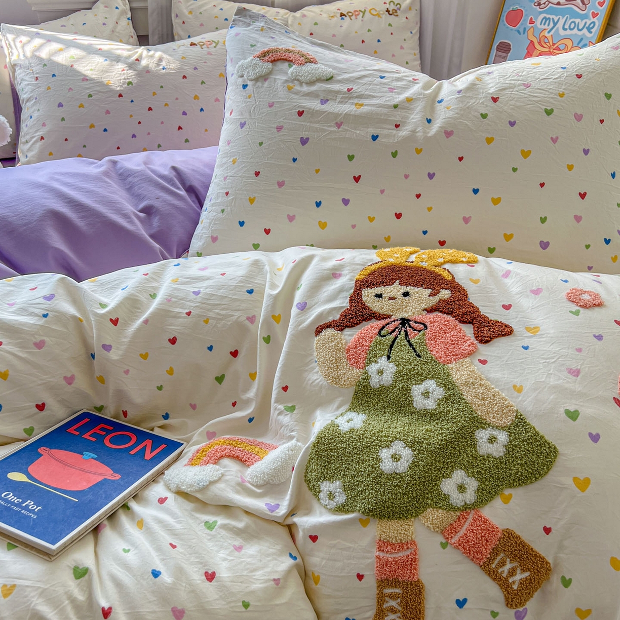 91家纺网 家纺一手货源 找家纺 一比一家纺 2026新款仿棉毛巾绣四件套 紫心少女