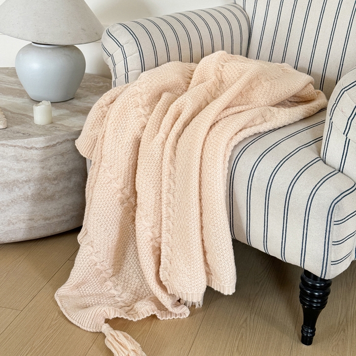 91家纺网 家纺一手货源 找家纺 丹本家纺 2026新款针织毛毯鹿毛绒纯色流苏航空休闲毯办公午睡盖毯多功能装饰毯 香槟金