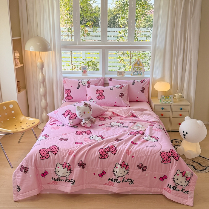 91家纺网 家纺一手货源 找家纺 沐辰 2026春夏新款A类三丽鸥蜡笔小新全棉棉花夏被夏凉被空调被 粉红凯蒂猫