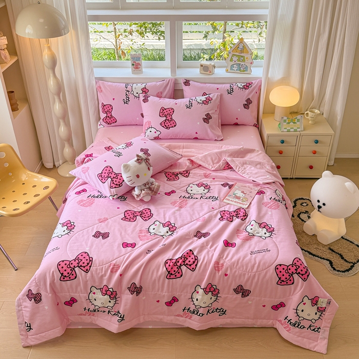 91家纺网 家纺一手货源 找家纺 沐辰 2026春夏新款A类三丽鸥蜡笔小新全棉棉花夏被夏凉被空调被 粉红凯蒂猫