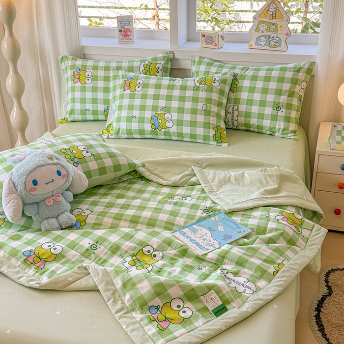 91家纺网 家纺一手货源 找家纺 沐辰 2026春夏新款A类三丽鸥蜡笔小新全棉棉花夏被夏凉被空调被 绿格蛙蛙