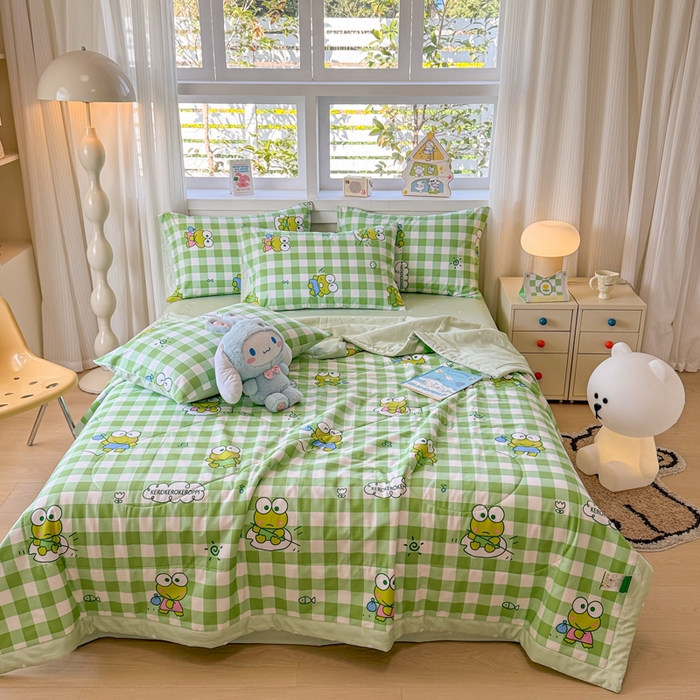 91家纺网 家纺一手货源 找家纺 沐辰 2026春夏新款A类三丽鸥蜡笔小新全棉棉花夏被夏凉被空调被 绿格蛙蛙