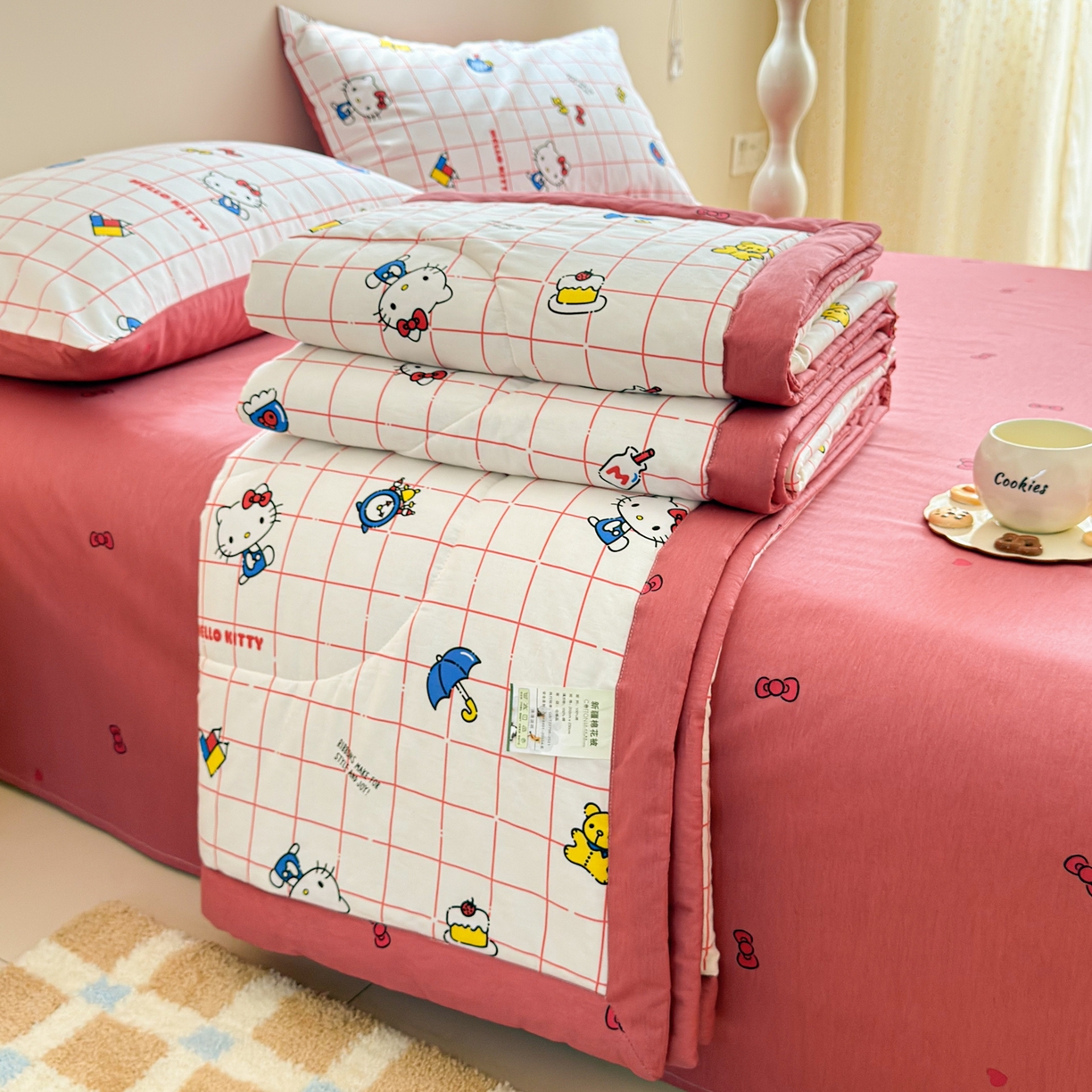 沐辰 2026春夏新款A类三丽鸥蜡笔小新全棉棉花夏被夏凉被空调被 方格凯蒂猫