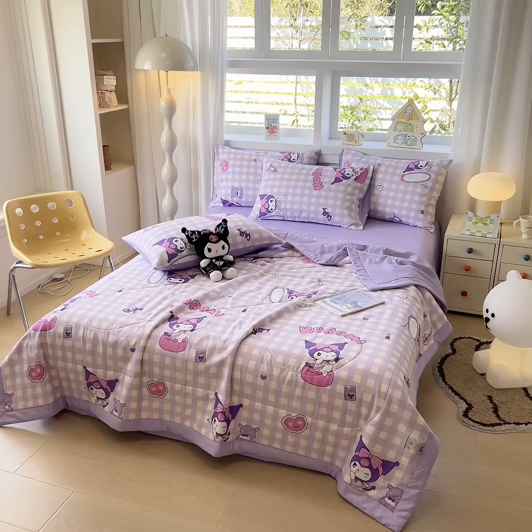 91家纺网 家纺一手货源 找家纺 沐辰 2026春夏新款A类三丽鸥蜡笔小新全棉棉花夏被夏凉被空调被 紫格库洛米