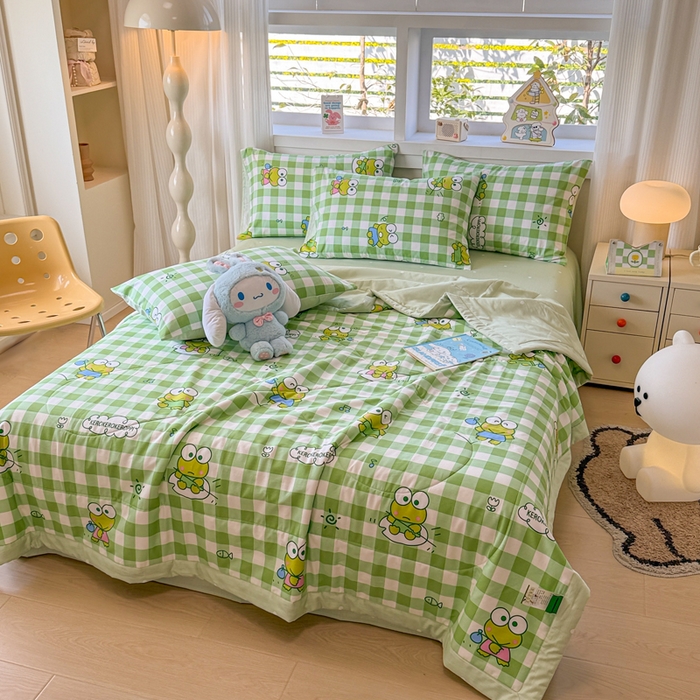 91家纺网 家纺一手货源 找家纺 沐辰 2026春夏新款A类三丽鸥蜡笔小新全棉棉花夏被夏凉被空调被 绿格蛙蛙