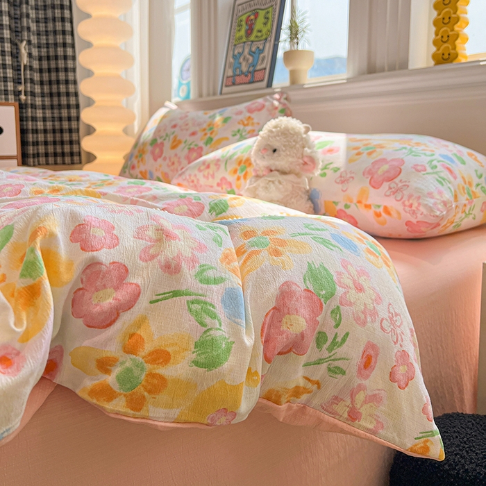 91家纺网 家纺一手货源 找家纺 花伞家居 2026新款印花皱皱双层纱四件套含买家秀-系列二 风传花信