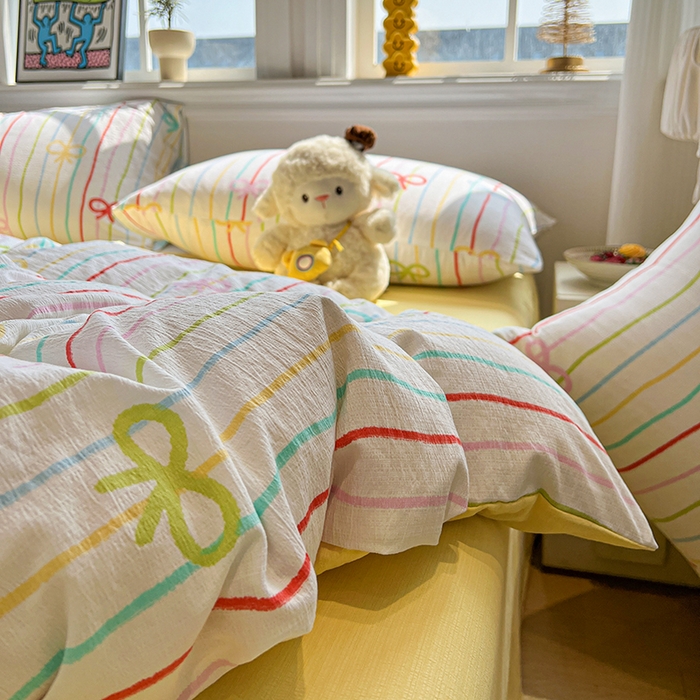 91家纺网 家纺一手货源 找家纺 花伞家居 2026新款印花皱皱双层纱四件套含买家秀-系列二 彩色可爱