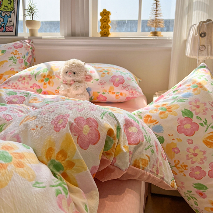 91家纺网 家纺一手货源 找家纺 花伞家居 2026新款印花皱皱双层纱四件套含买家秀-系列二 风传花信