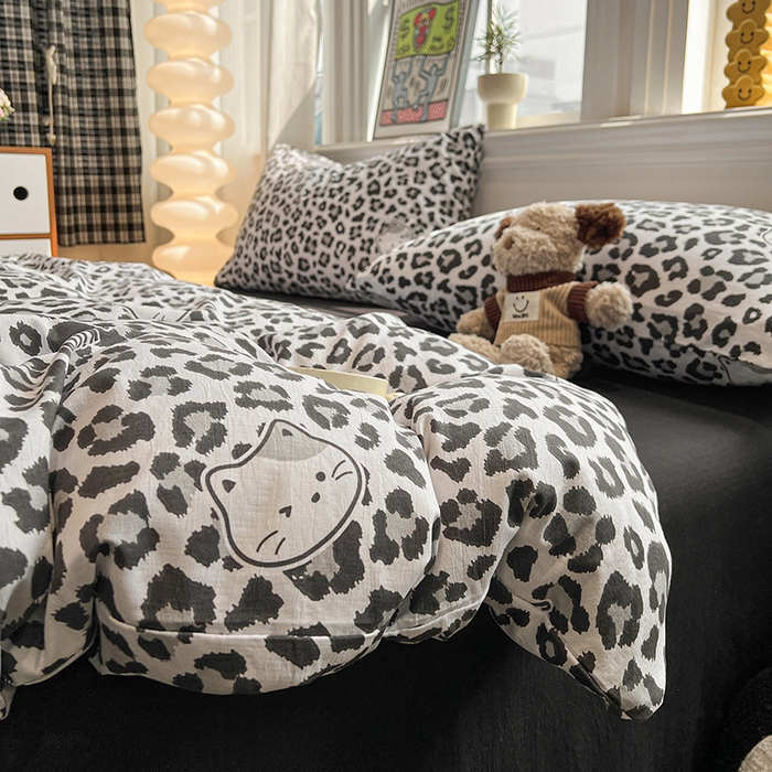 91家纺网 家纺一手货源 找家纺 花伞家居 2026新款印花皱皱双层纱四件套含买家秀-系列二 豹纹灰