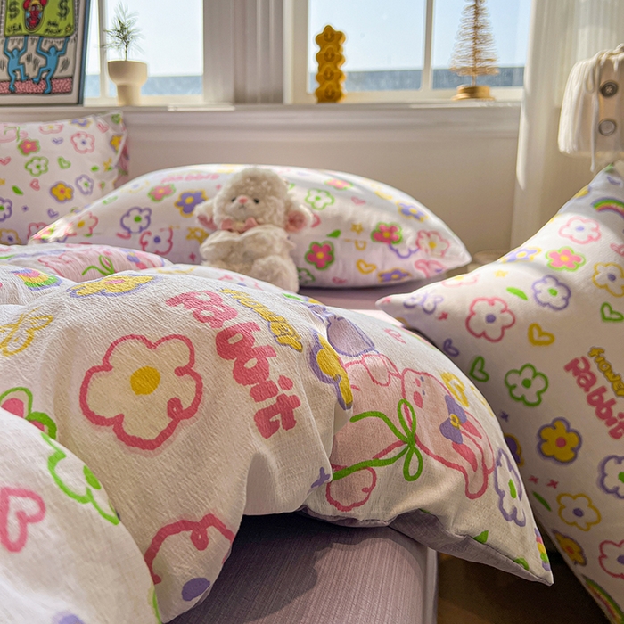 91家纺网 家纺一手货源 找家纺 花伞家居 2026新款印花皱皱双层纱四件套含买家秀-系列二 花匠兔