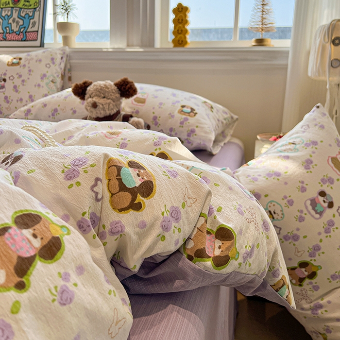 91家纺网 家纺一手货源 找家纺 花伞家居 2026新款印花皱皱双层纱四件套含买家秀-系列二 芋泥啵啵