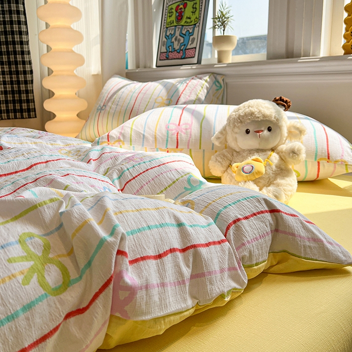 91家纺网 家纺一手货源 找家纺 花伞家居 2026新款印花皱皱双层纱四件套含买家秀-系列二 彩色可爱