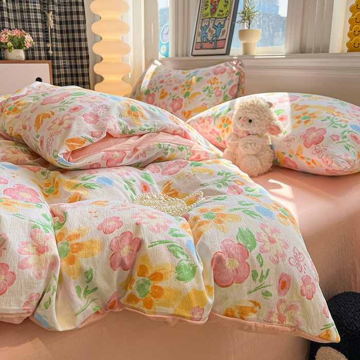 91家纺网 家纺一手货源 找家纺 花伞家居 2026新款印花皱皱双层纱四件套含买家秀-系列二 风传花信