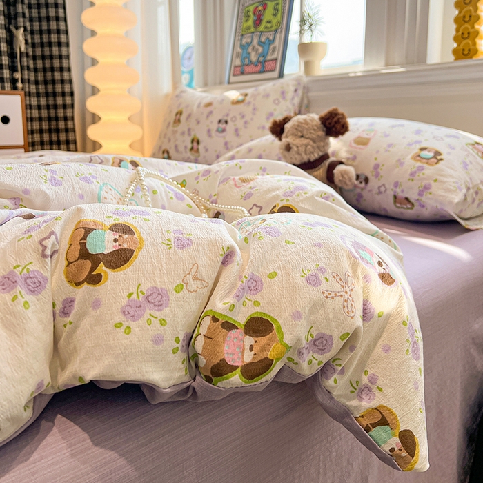 91家纺网 家纺一手货源 找家纺 花伞家居 2026新款印花皱皱双层纱四件套含买家秀-系列二 芋泥啵啵