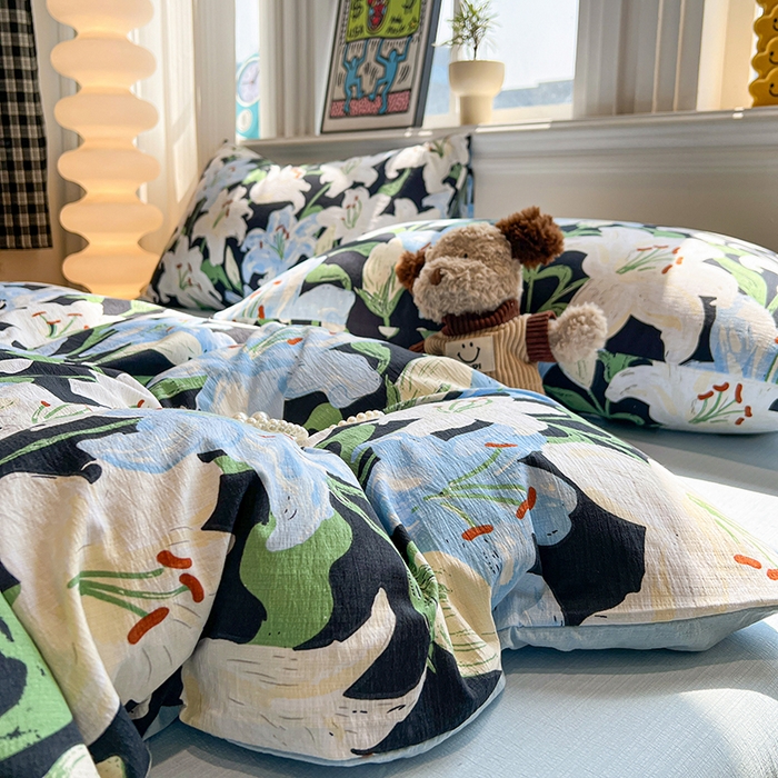 花伞家居 2026新款印花皱皱双层纱四件套含买家秀-系列二 盛开-蓝