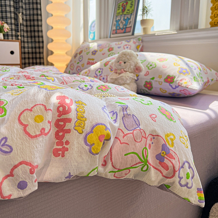 91家纺网 家纺一手货源 找家纺 花伞家居 2026新款印花皱皱双层纱四件套含买家秀-系列二 花匠兔