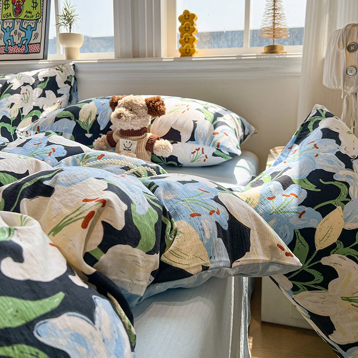 91家纺网 家纺一手货源 找家纺 花伞家居 2026新款印花皱皱双层纱四件套含买家秀-系列二 盛开-蓝