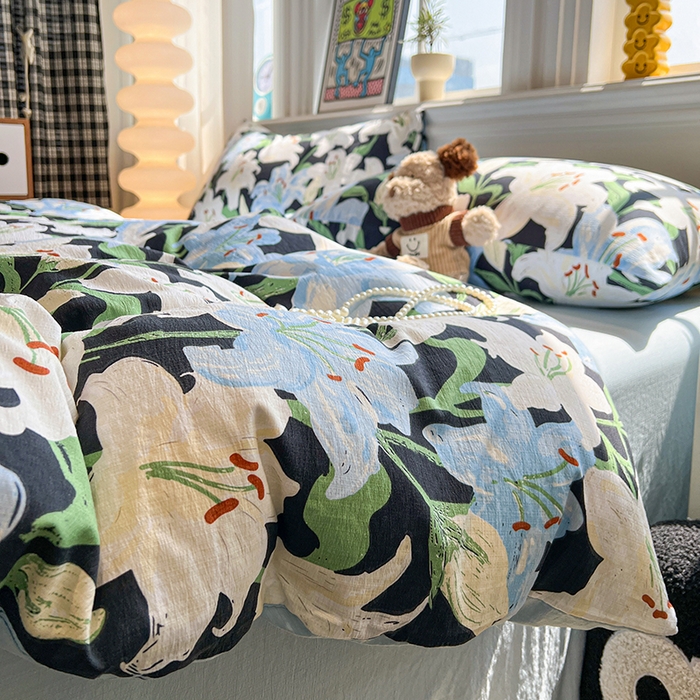 91家纺网 家纺一手货源 找家纺 花伞家居 2026新款印花皱皱双层纱四件套含买家秀-系列二 盛开-蓝