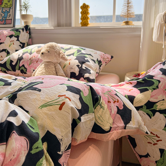 91家纺网 家纺一手货源 找家纺 花伞家居 2026新款印花皱皱双层纱四件套含买家秀-系列二 盛开-粉