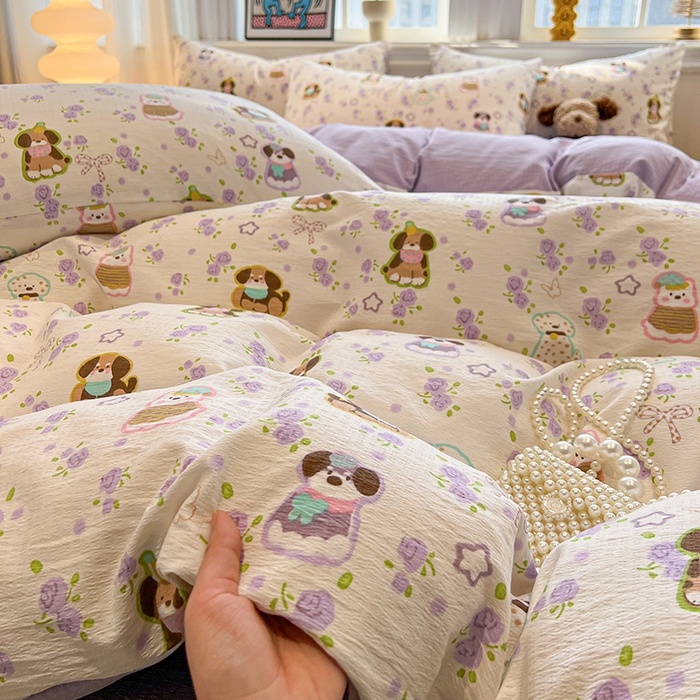 91家纺网 家纺一手货源 找家纺 花伞家居 2026新款印花皱皱双层纱四件套含买家秀-系列二 芋泥啵啵