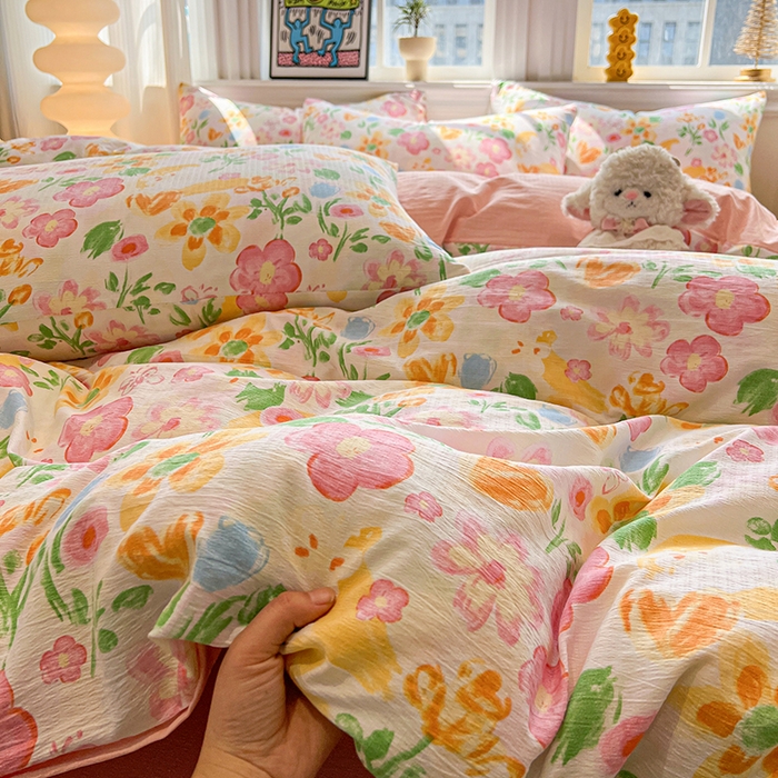 91家纺网 家纺一手货源 找家纺 花伞家居 2026新款印花皱皱双层纱四件套含买家秀-系列二 风传花信