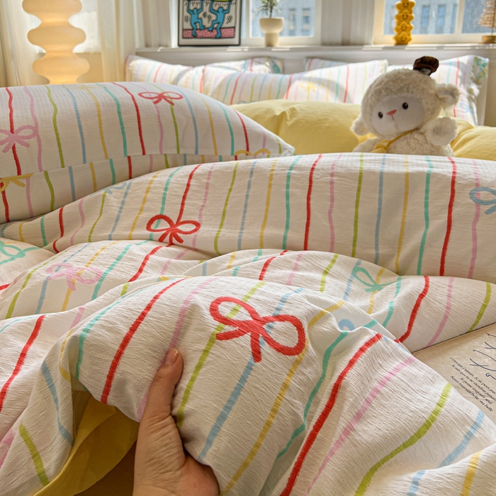 91家纺网 家纺一手货源 找家纺 花伞家居 2026新款印花皱皱双层纱四件套含买家秀-系列二 彩色可爱