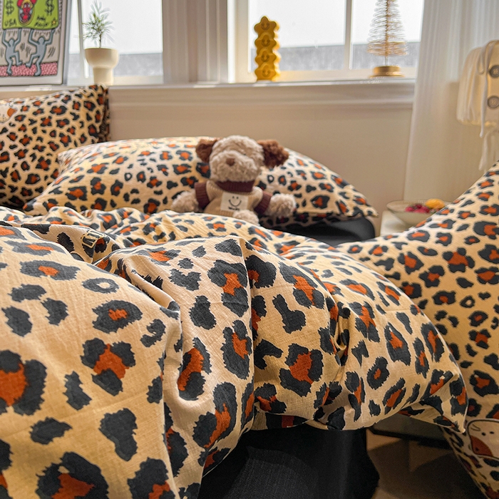 91家纺网 家纺一手货源 找家纺 花伞家居 2026新款印花皱皱双层纱四件套含买家秀-系列二 豹纹黄