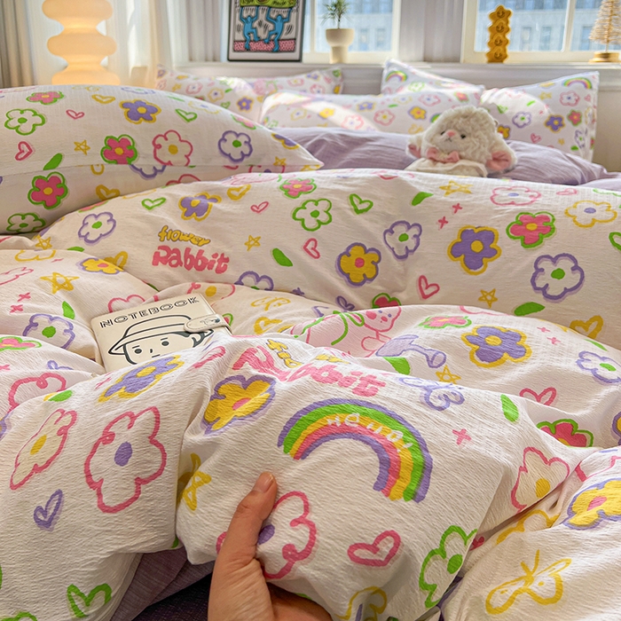 91家纺网 家纺一手货源 找家纺 花伞家居 2026新款印花皱皱双层纱四件套含买家秀-系列二 花匠兔