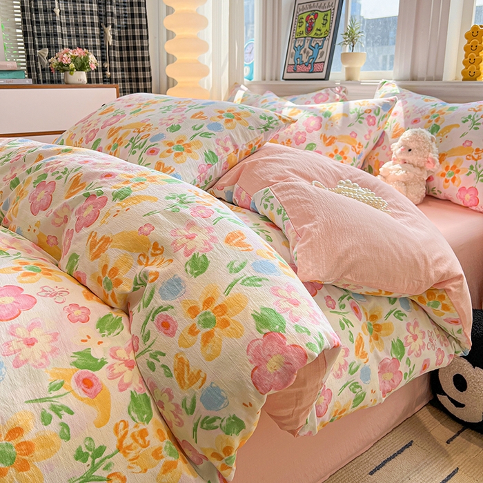 91家纺网 家纺一手货源 找家纺 花伞家居 2026新款印花皱皱双层纱四件套含买家秀-系列二 风传花信