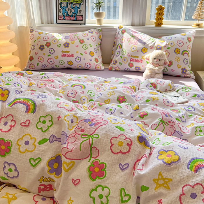 91家纺网 家纺一手货源 找家纺 花伞家居 2026新款印花皱皱双层纱四件套含买家秀-系列二 花匠兔