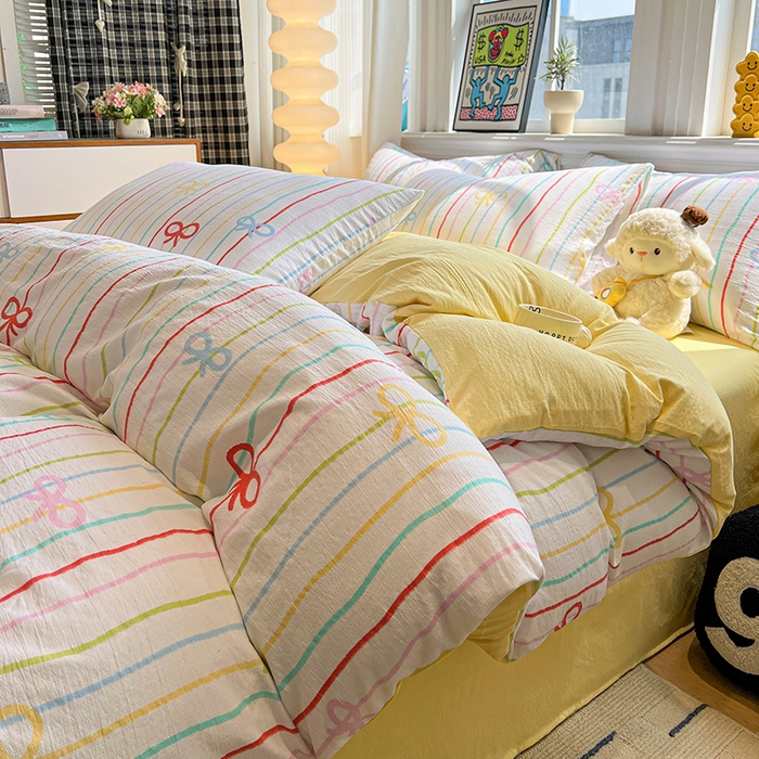 91家纺网 家纺一手货源 找家纺 花伞家居 2026新款印花皱皱双层纱四件套含买家秀-系列二 彩色可爱