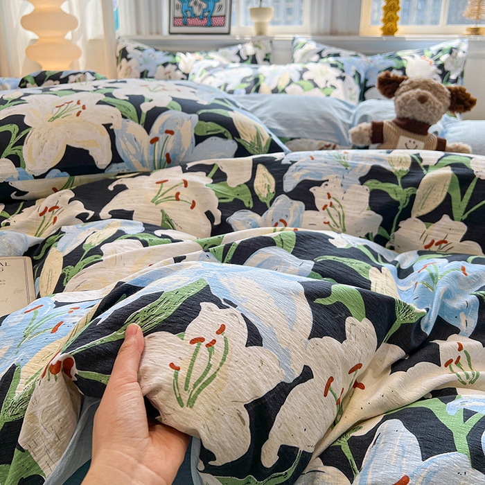 91家纺网 家纺一手货源 找家纺 花伞家居 2026新款印花皱皱双层纱四件套含买家秀-系列二 盛开-蓝