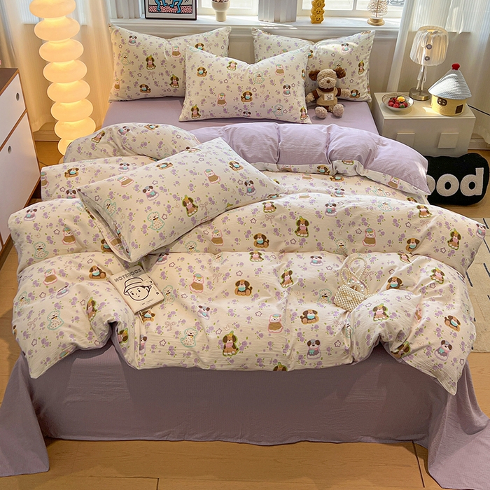 91家纺网 家纺一手货源 找家纺 花伞家居 2026新款印花皱皱双层纱四件套含买家秀-系列二 芋泥啵啵