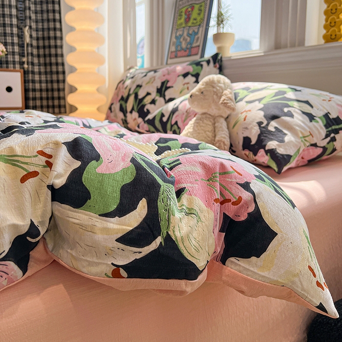 91家纺网 家纺一手货源 找家纺 花伞家居 2026新款印花皱皱双层纱四件套含买家秀-系列二 盛开-粉