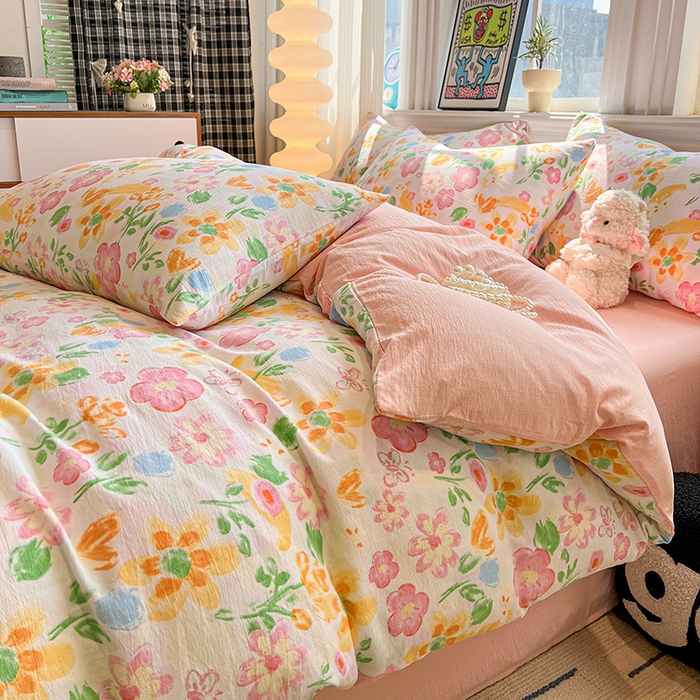 91家纺网 家纺一手货源 找家纺 花伞家居 2026新款印花皱皱双层纱四件套含买家秀-系列二 风传花信