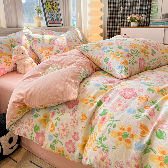 91家纺网 家纺一手货源 找家纺 花伞家居 2026新款印花皱皱双层纱四件套含买家秀-系列二 风传花信