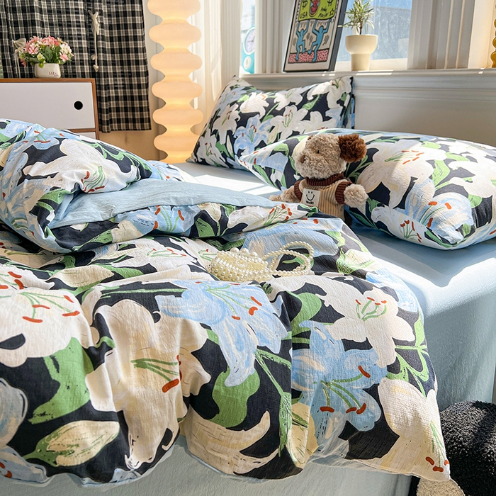 91家纺网 家纺一手货源 找家纺 花伞家居 2026新款印花皱皱双层纱四件套含买家秀-系列二 盛开-蓝