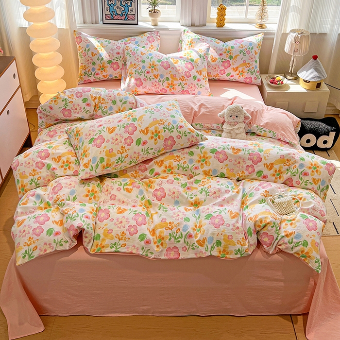 91家纺网 家纺一手货源 找家纺 花伞家居 2026新款印花皱皱双层纱四件套含买家秀-系列二 风传花信