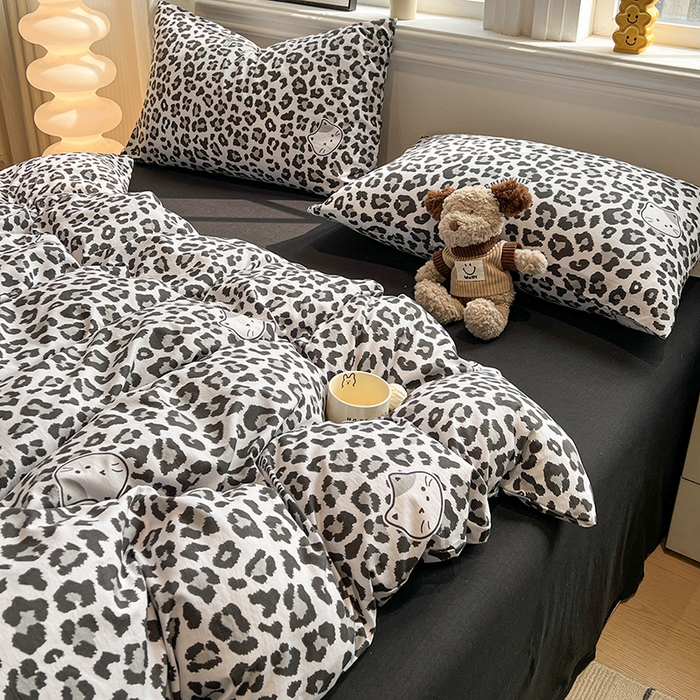 91家纺网 家纺一手货源 找家纺 花伞家居 2026新款印花皱皱双层纱四件套含买家秀-系列二 豹纹灰