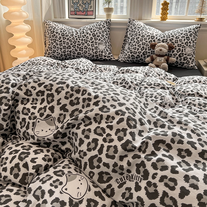 91家纺网 家纺一手货源 找家纺 花伞家居 2026新款印花皱皱双层纱四件套含买家秀-系列二 豹纹灰