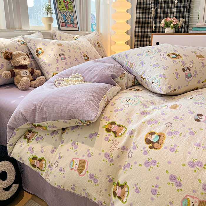 91家纺网 家纺一手货源 找家纺 花伞家居 2026新款印花皱皱双层纱四件套含买家秀-系列二 芋泥啵啵