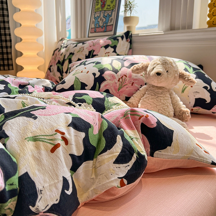 花伞家居 2026新款印花皱皱双层纱四件套含买家秀-系列二 盛开-粉